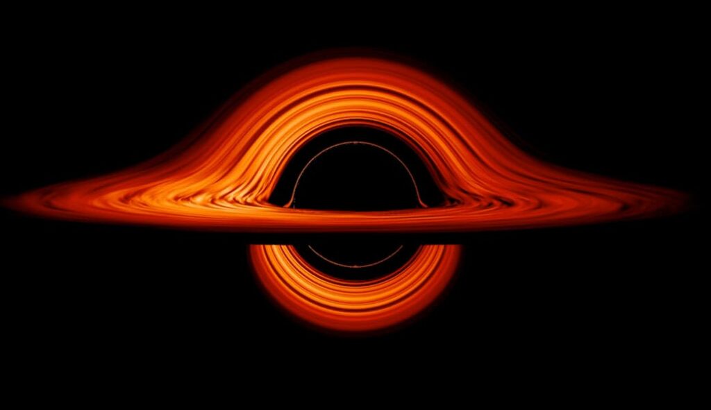 Visualisation d’un trou noir entouré d’un disque d’accrétion orange lumineux dont l’image est déformée par la gravité.
