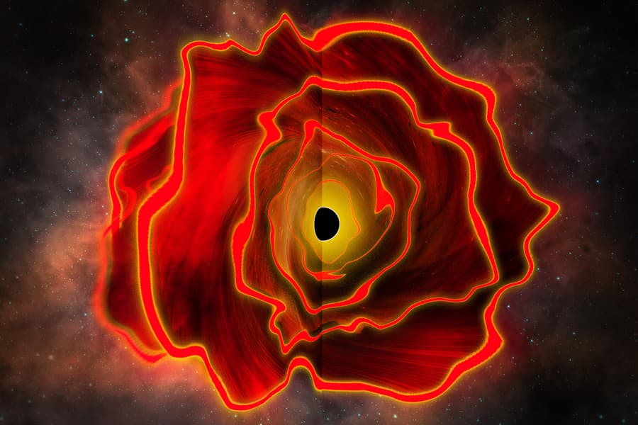 Illustration d’un trou noir au centre d’une vaste enveloppe rouge de gaz, représentant le scénario proposé pour une « étoile à trou noir ».