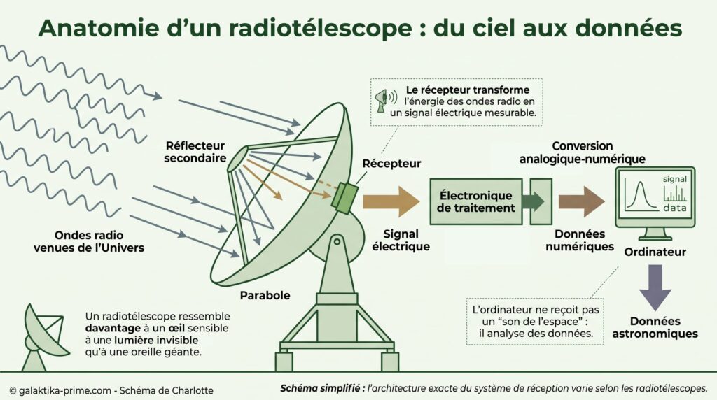 Schéma d’une parabole de radiotélescope concentrant des ondes radio vers son récepteur, puis transmettant le signal vers des systèmes électroniques et informatiques.