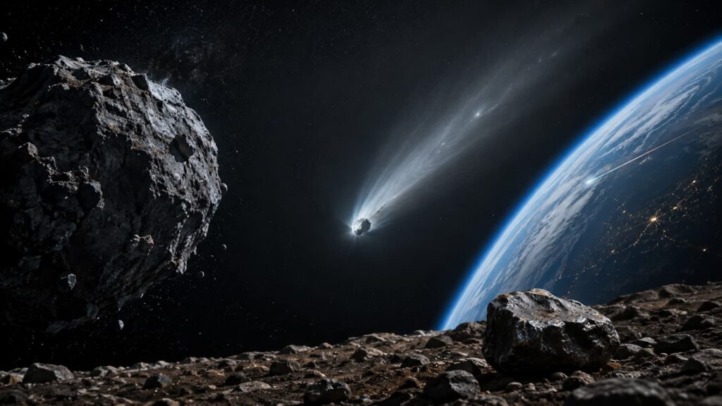 Composition montrant un astéroïde rocheux, une comète active et un météore entrant dans l’atmosphère terrestre.