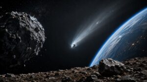 Composition montrant un astéroïde rocheux, une comète active et un météore entrant dans l’atmosphère terrestre.