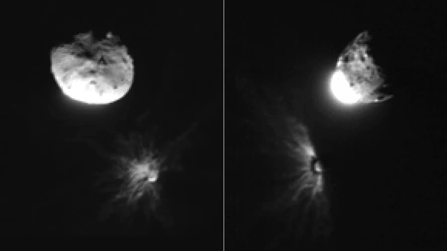 Deux photographies en noir et blanc montrant Didymos en haut et Dimorphos, plus petit, entouré d’un nuage de débris après l’impact de la sonde DART.
