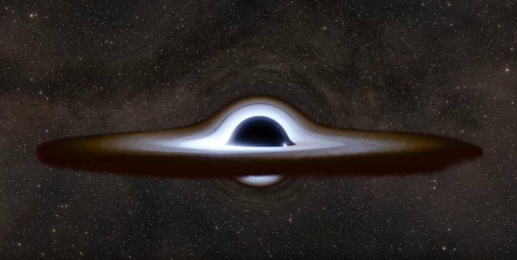 Visualisation d’un trou noir entouré d’un disque lumineux dont la lumière est courbée autour de la zone sombre centrale