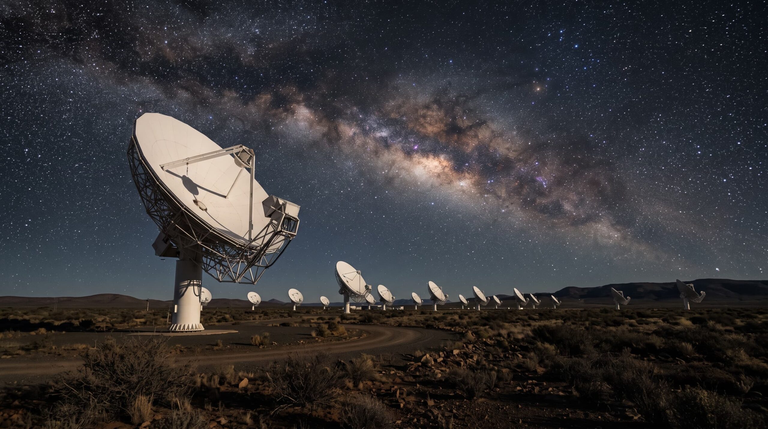 Réseau de radiotélescopes dans le désert du Karoo, en Afrique du Sud, sous un ciel nocturne traversé par la Voie lactée.