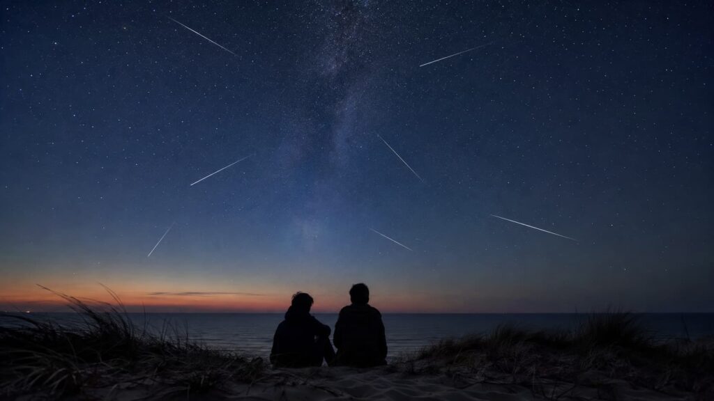 Deux silhouettes assises sur une dune observent plusieurs étoiles filantes au-dessus de la mer, sous un ciel nocturne traversé par la Voie lactée.