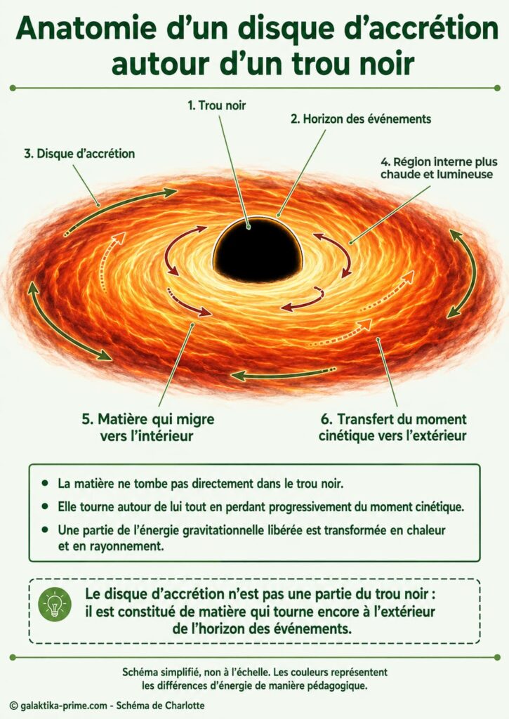 Schéma d’un trou noir entouré d’un disque en rotation, avec des flèches montrant la matière qui spirale vers l’intérieur et le transfert de moment cinétique vers l’extérieur.