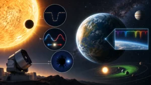 Un observatoire terrestre pointé vers une étoile brillante avec une planète en transit; vignettes montrant une courbe de transit (creux de lumière), une onde sinusoïdale représentant la vitesse radiale, et une image simulée d’un exoplanète; à droite, une planète de type terrestre avec un encadré de
