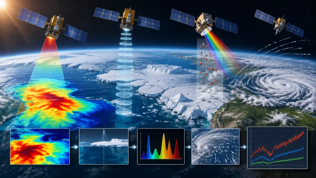 Vue satellite stylisée de la Terre montrant plusieurs instruments spatiaux observant l’océan, la banquise et l’atmosphère : un capteur réalisant une carte thermique colorée de la surface de la mer, un altimètre radar envoyant des impulsions vers la mer et les glaces, un spectromètre décomposant la