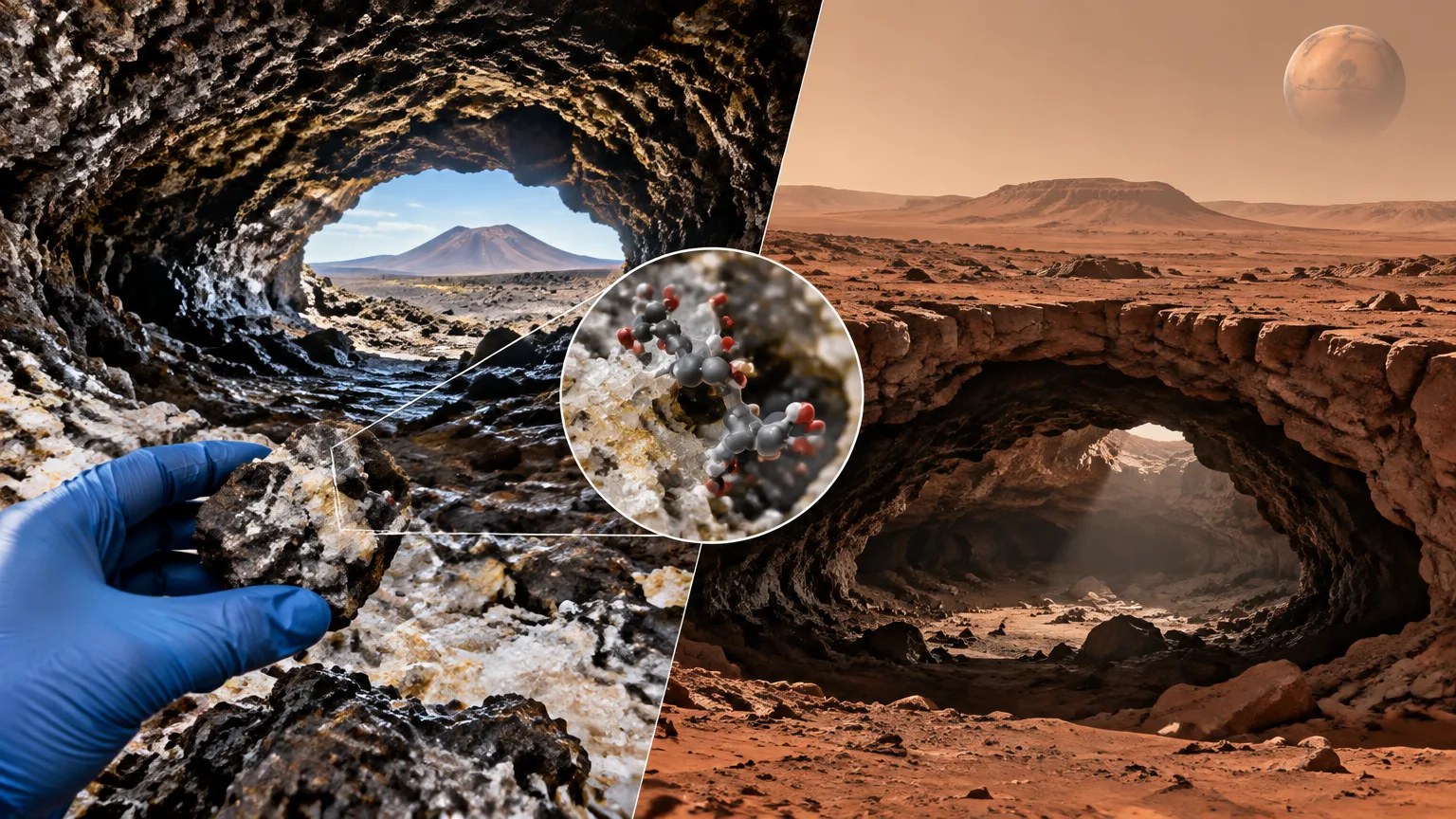 Composition en deux volets montrant à gauche l’entrée d’un tunnel de lave terrestre (paysage volcanique de Lanzarote) avec une main gantée tenant un échantillon riche en dépôts blancs et un agrandissement circulaire montrant une représentation moléculaire ; à droite une vue reconstituée d’un tunnel/