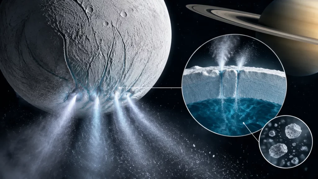 Encelade vue en gros plan au premier plan, avec des fractures sombres au pôle Sud émettant plusieurs panaches de vapeur et de grains de glace vers l’espace ; à droite, deux vignettes circulaires montrent une coupe schématique de la croûte glacée alimentant les jets depuis un océan souterrain et un g