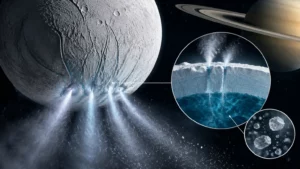 Encelade vue en gros plan au premier plan, avec des fractures sombres au pôle Sud émettant plusieurs panaches de vapeur et de grains de glace vers l’espace ; à droite, deux vignettes circulaires montrent une coupe schématique de la croûte glacée alimentant les jets depuis un océan souterrain et un g