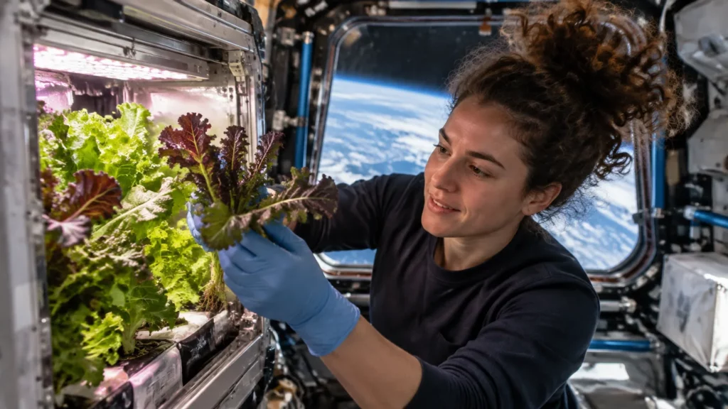 Personne gantée manipulant des plants de salade dans une chambre de culture éclairée; la Terre est visible par un hublot en arrière-plan.