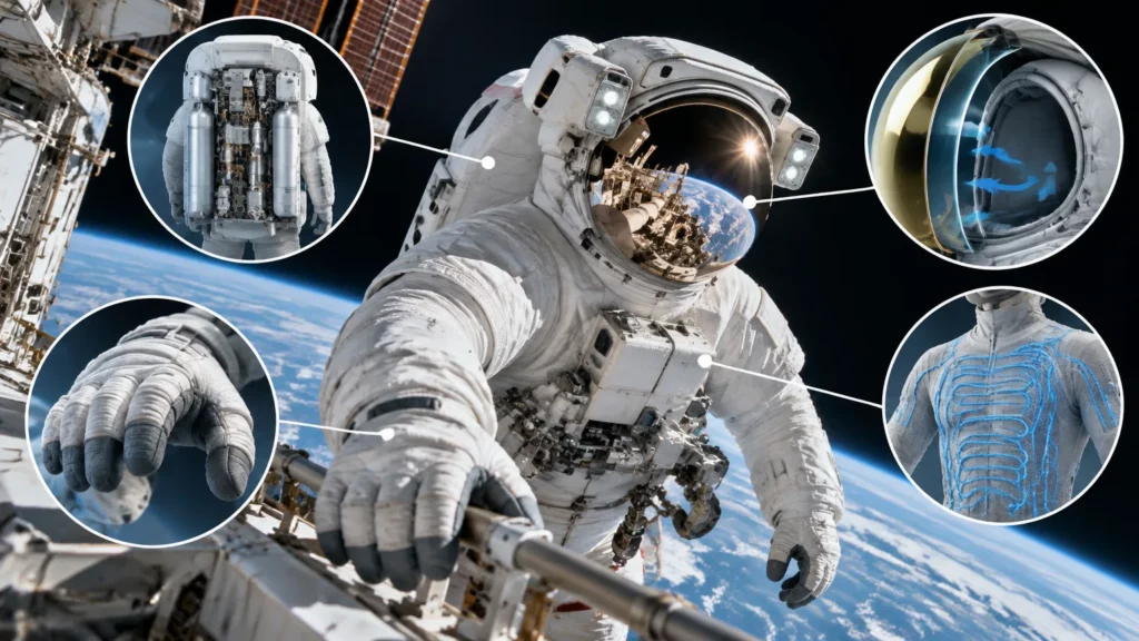 Astronaute en combinaison EMU lors d’une sortie extravéhiculaire au-dessus de la Terre, avec des vignettes pédagogiques montrant le sac dorsal du système de survie, la circulation d’air dans le casque, le vêtement à circulation d’eau pour le refroidissement, un gros plan du gant et la visière reflét