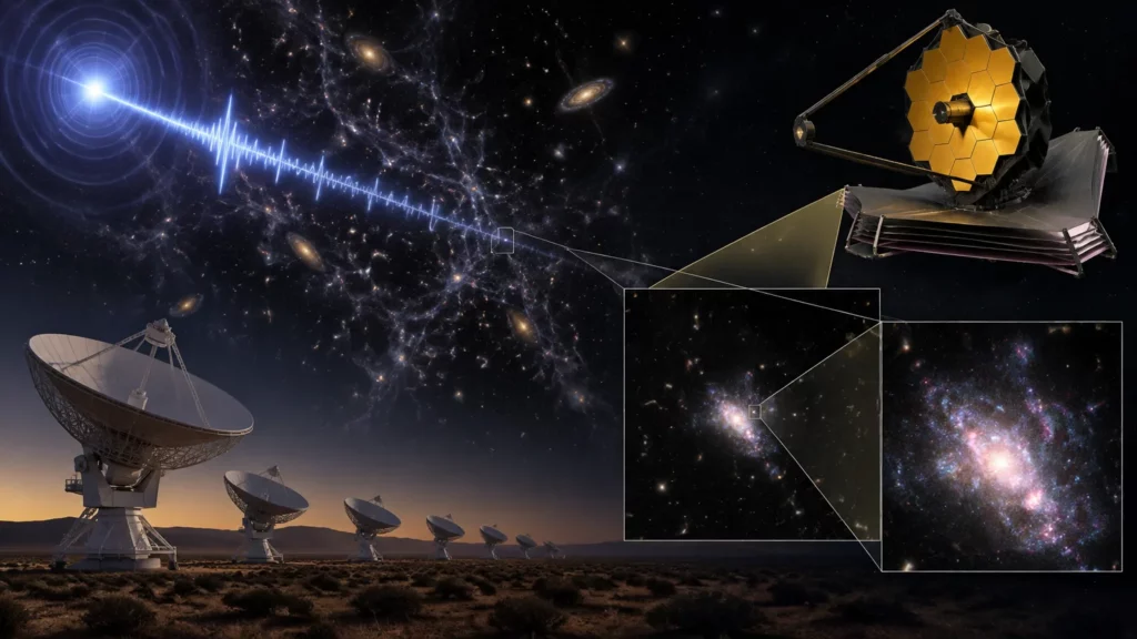 Concept visuel montrant un réseau de radiotélescopes au sol pointés vers le ciel, un puissant flash radio représenté par une onde bleue traversant un réseau cosmique, et le télescope spatial James‑Webb stylisé observant la même région. Des encadrés agrandissent la zone d’origine pour révéler une min