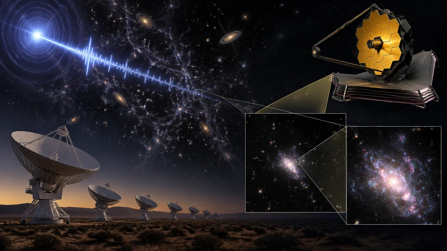 Concept visuel montrant un réseau de radiotélescopes au sol pointés vers le ciel, un puissant flash radio représenté par une onde bleue traversant un réseau cosmique, et le télescope spatial James‑Webb stylisé observant la même région. Des encadrés agrandissent la zone d’origine pour révéler une min