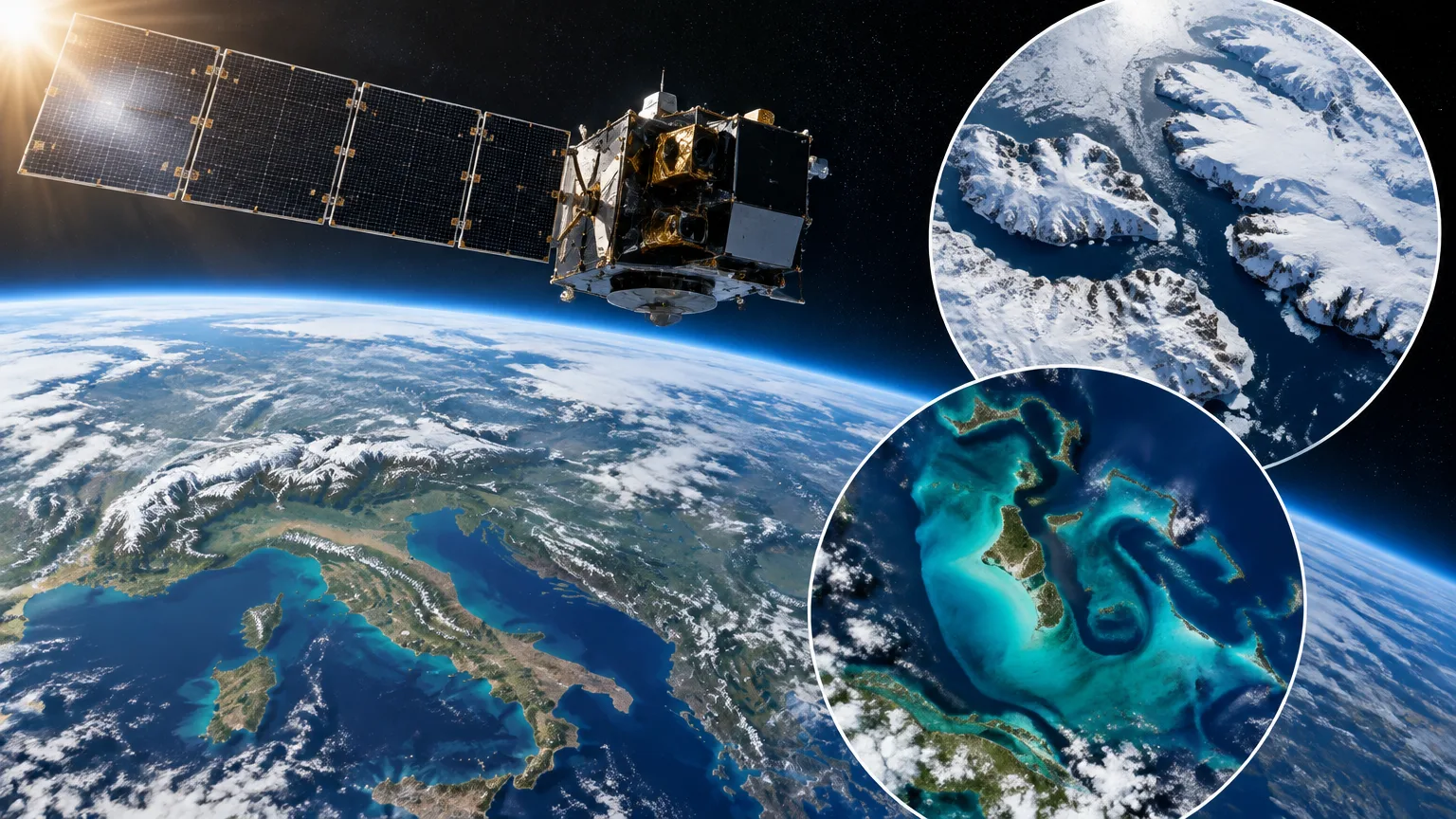 Le satellite Sentinel-3C en orbite avec ses panneaux solaires au-dessus de la Terre; vue large montrant l’Italie et les Alpes, et deux vignettes circulaires présentant des îles et des glaciers enneigés de l’Arctique et des eaux turquoise autour des Bahamas.