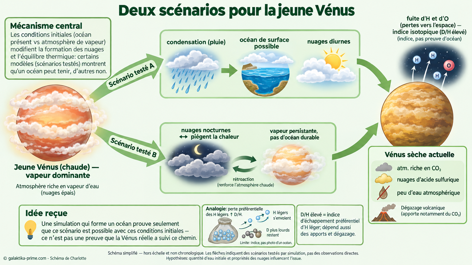 Schéma à deux branches partant d’une jeune Vénus chaude et vapeur d’eau: branche A montre condensation, pluie, océan de surface possible et nuages diurnes; branche B montre nuages nocturnes qui piègent la chaleur, vapeur persistante sans océan durable; les deux aboutissent à la Vénus sèche actuelle.