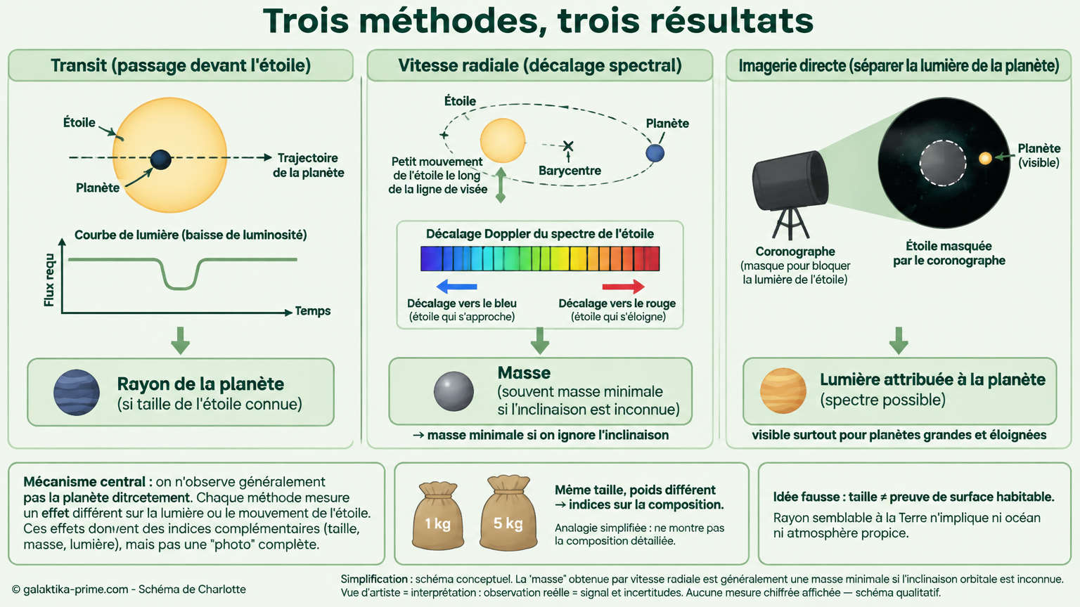 Infographie en trois colonnes montrant le transit lié au rayon de la planète, la vitesse radiale liée à la masse (souvent minimale si l'inclinaison est inconnue) et l'imagerie directe liée à la lumière attribuée à la planète.