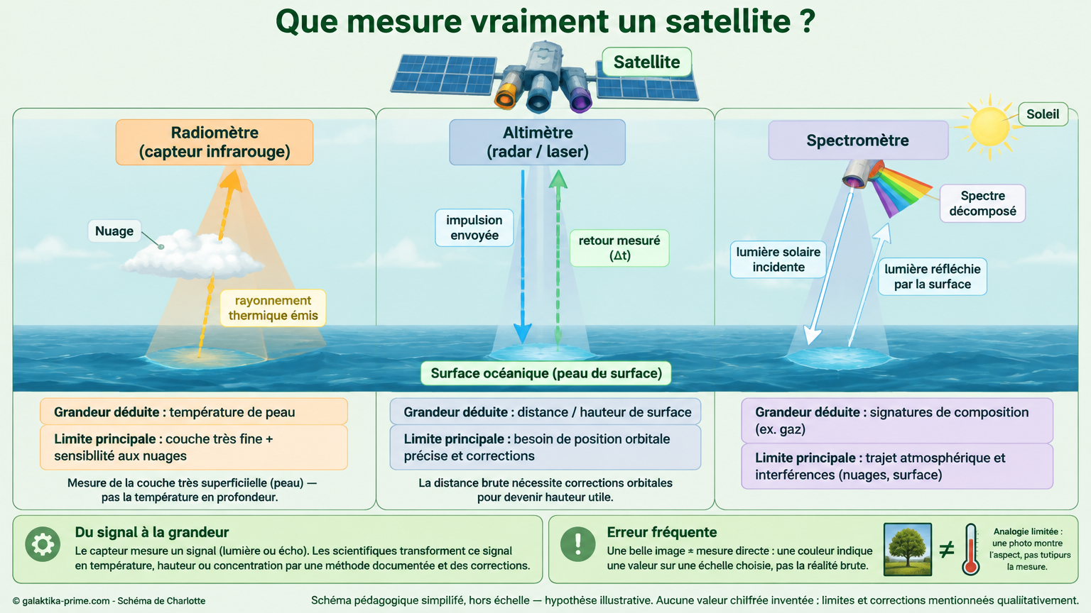 Schéma triptyque comparant un radiomètre (rayonnement thermique reçu), un altimètre (impulsion envoyée et écho mesuré) et un spectromètre (lumière décomposée par longueur d’onde), avec, sous chaque colonne, la grandeur déduite et une limite principale.