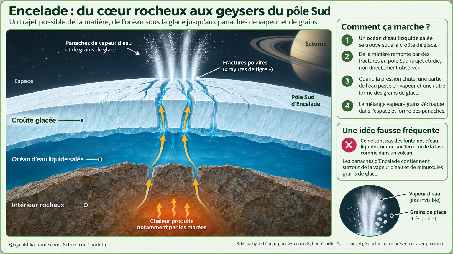 « Coupe schématique montrant la glace, l’océan sous-jacent et des fractures rejoignant la surface au pôle Sud. »