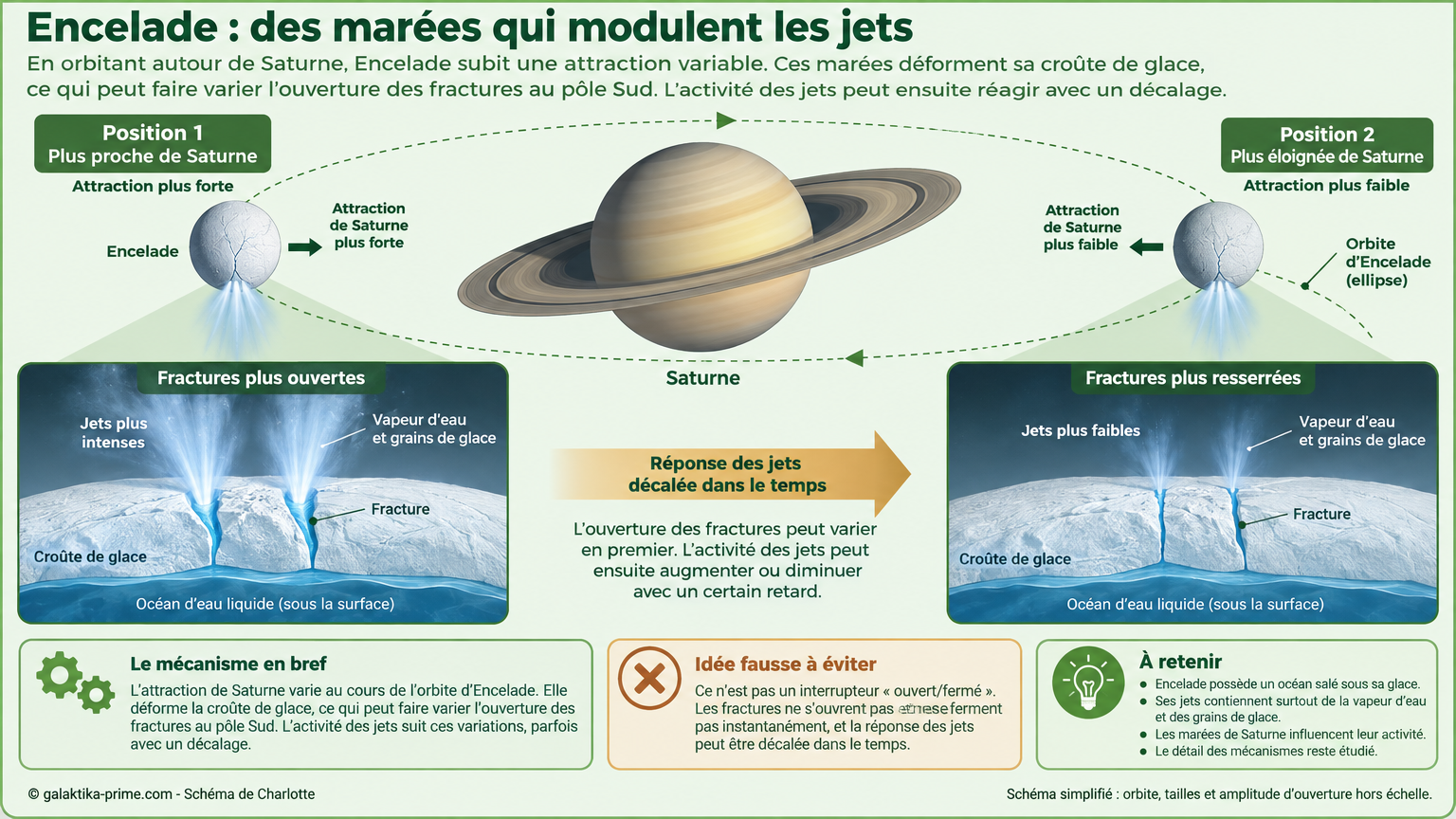 Infographie montrant comment les marées de Saturne modulent les jets d’eau et de glace d’Encelade : schéma de l’orbite avec deux positions (plus proche et plus éloignée de Saturne), Saturne au centre, représentation d’Encelade projetant des panaches depuis les « rayures de tigre », et vignettes expl