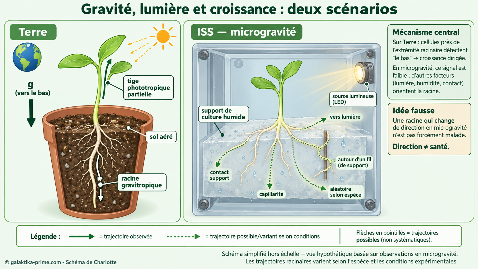 Schéma comparant une jeune pousse sous la gravité terrestre et une pousse cultivée en microgravité près d’une lampe.