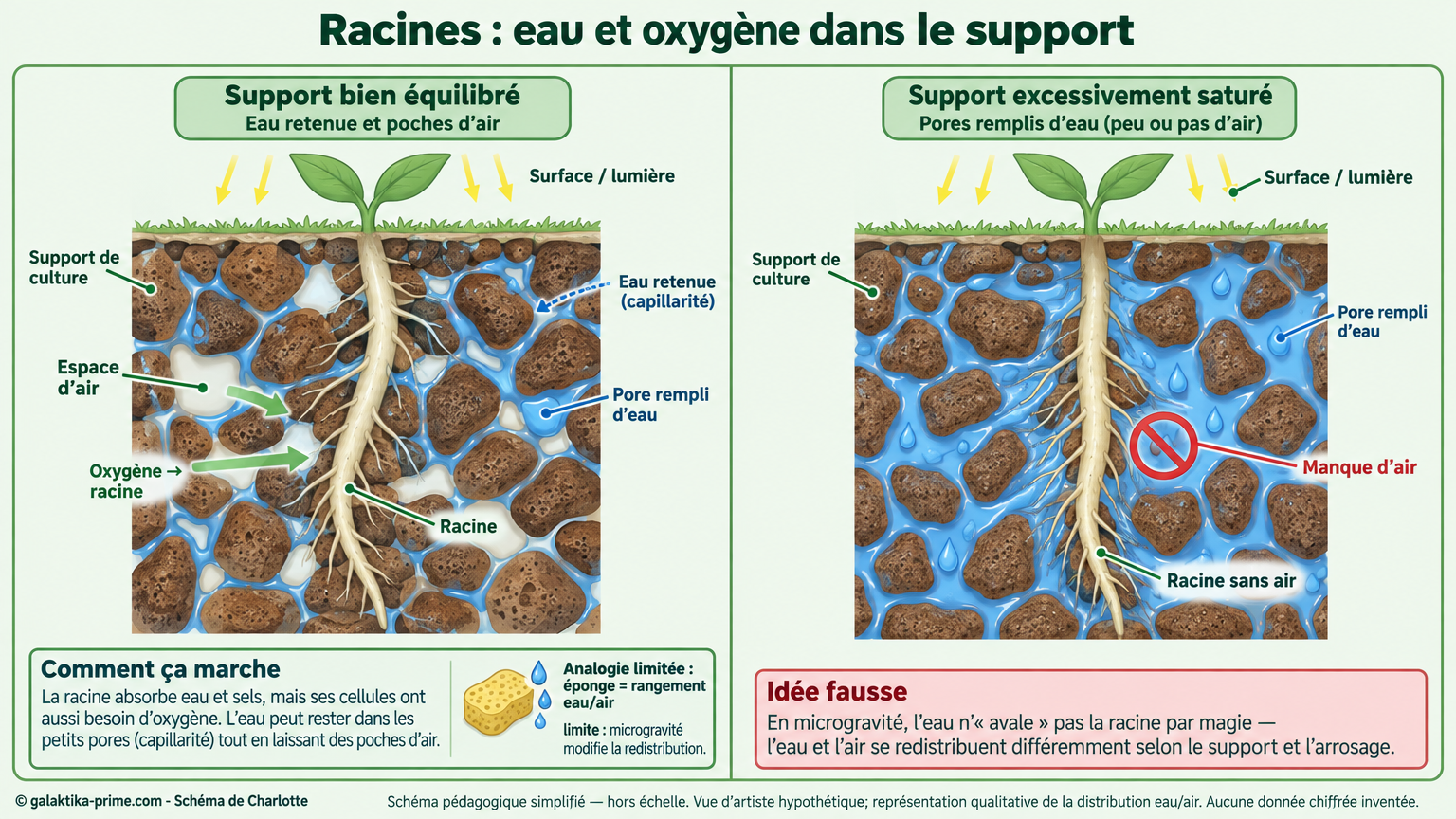 Coupe schématique montrant à gauche un support de culture équilibré avec une racine entourée de poches d’eau et d’air, et à droite un support excessivement saturé où les pores sont remplis d’eau et la racine manque d’air.