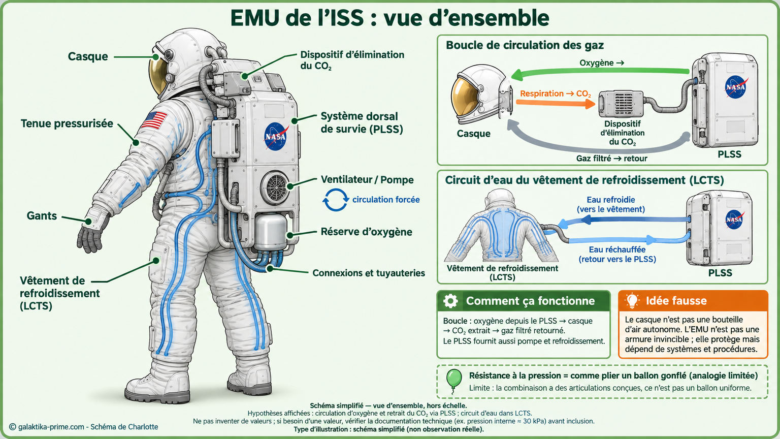 Silhouette d’une combinaison de sortie spatiale avec casque, gants, vêtement de refroidissement et système de survie dorsal identifiés.