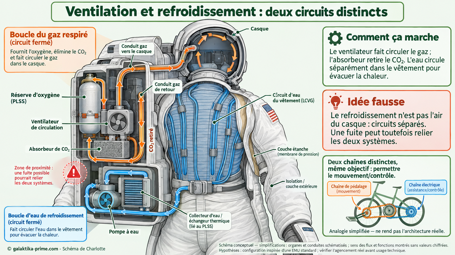 Deux boucles séparées montrent, d’une part, le trajet du gaz dans la combinaison et, d’autre part, celui de l’eau de refroidissement.