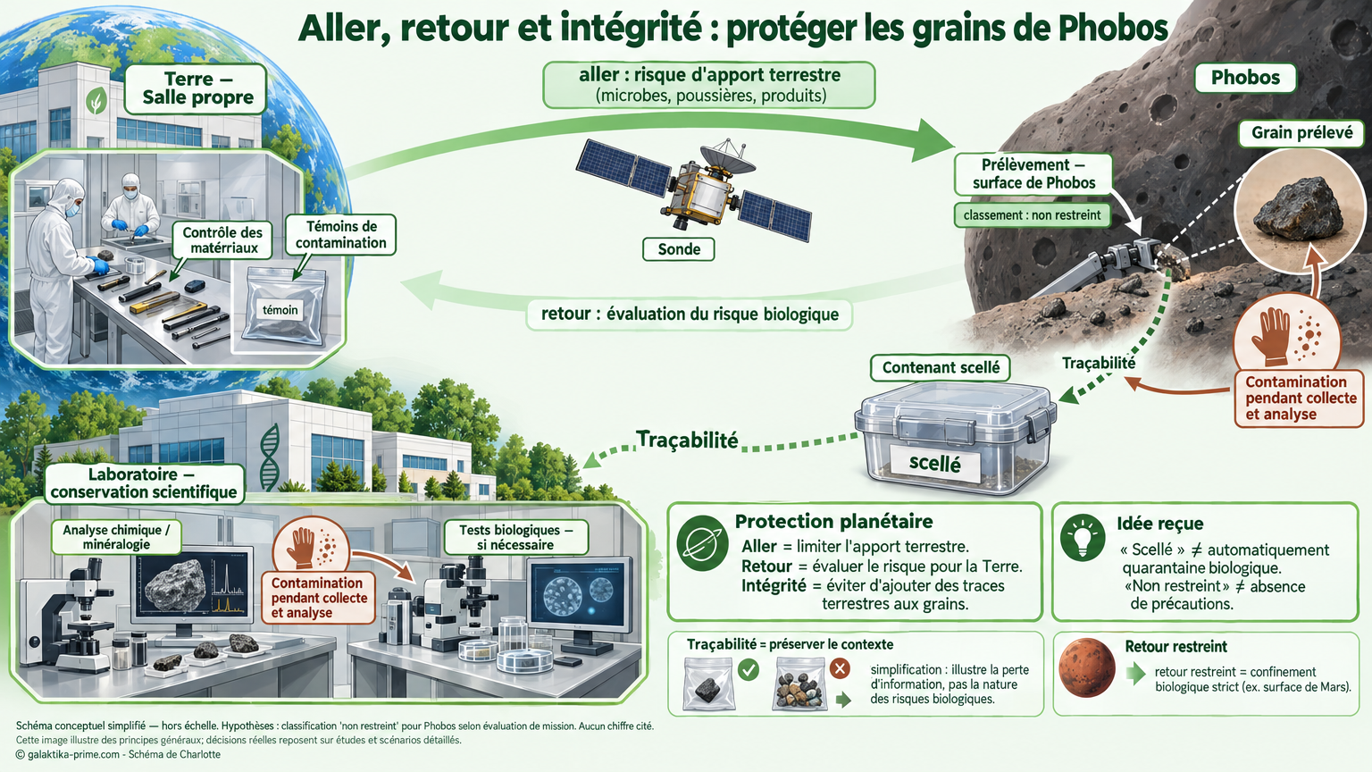 Schéma explicatif montrant la Terre (salle propre et laboratoire) reliée par des flèches à une sonde puis à Phobos où un grain est prélevé : une flèche 'aller' signale le risque d’apport terrestre (microbes, poussières, produits), une flèche 'retour' indique l’évaluation du risque biologique; un éti