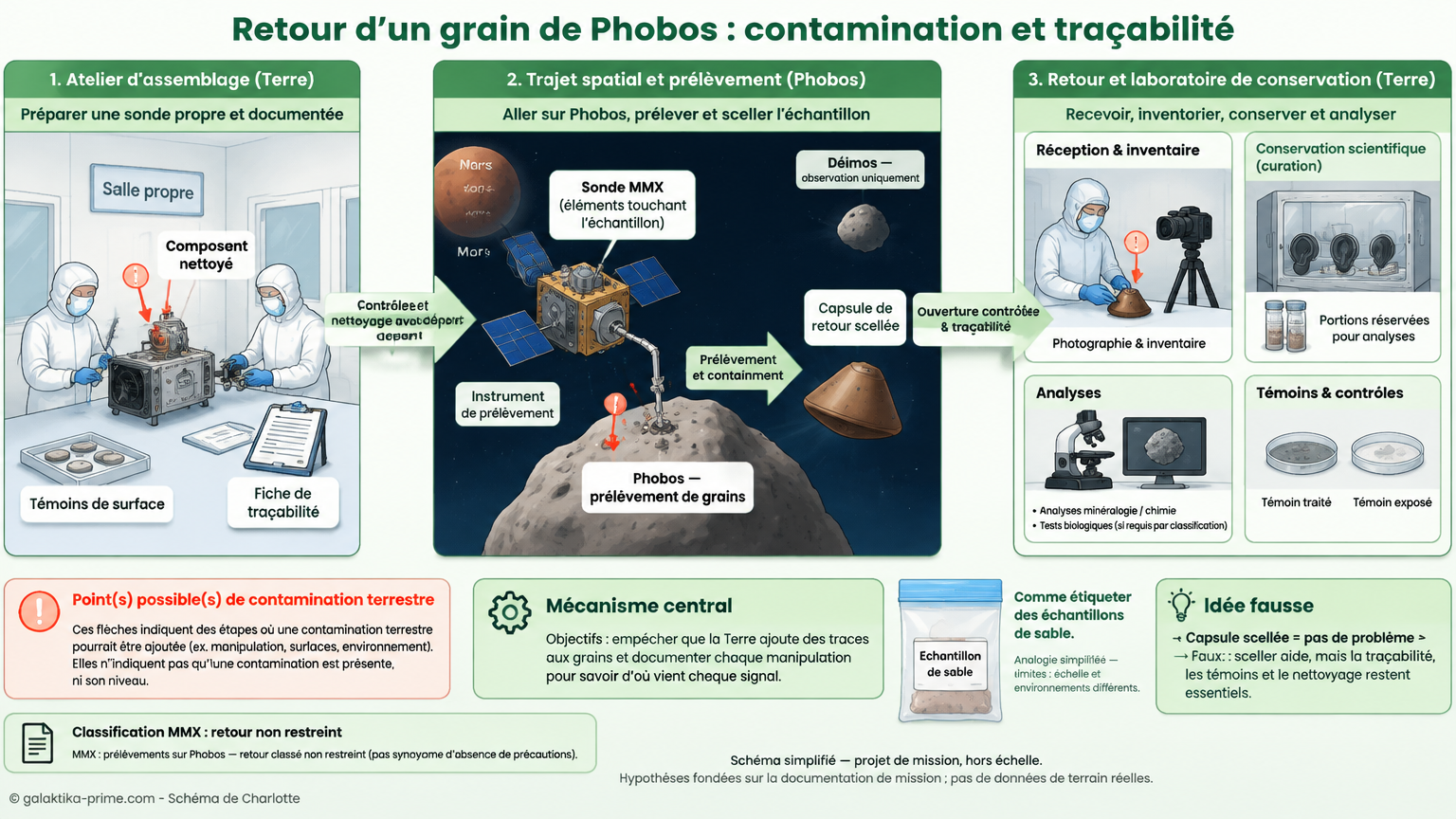 Schéma en trois panneaux montrant le parcours d’un grain de Phobos : (1) atelier d’assemblage sur Terre avec techniciens en combinaison en salle propre, composants nettoyés, témoins de surface et fiche de traçabilité ; (2) trajet spatial et prélèvement par la sonde MMX autour de Mars, prélèvement de