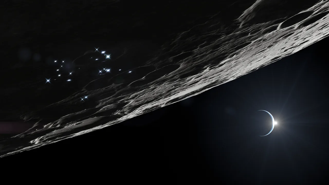 Vue artistique du bord d’un relief lunaire en ombre près du pôle Sud, avec des points lumineux sur la surface et un astre brillant à l’horizon.