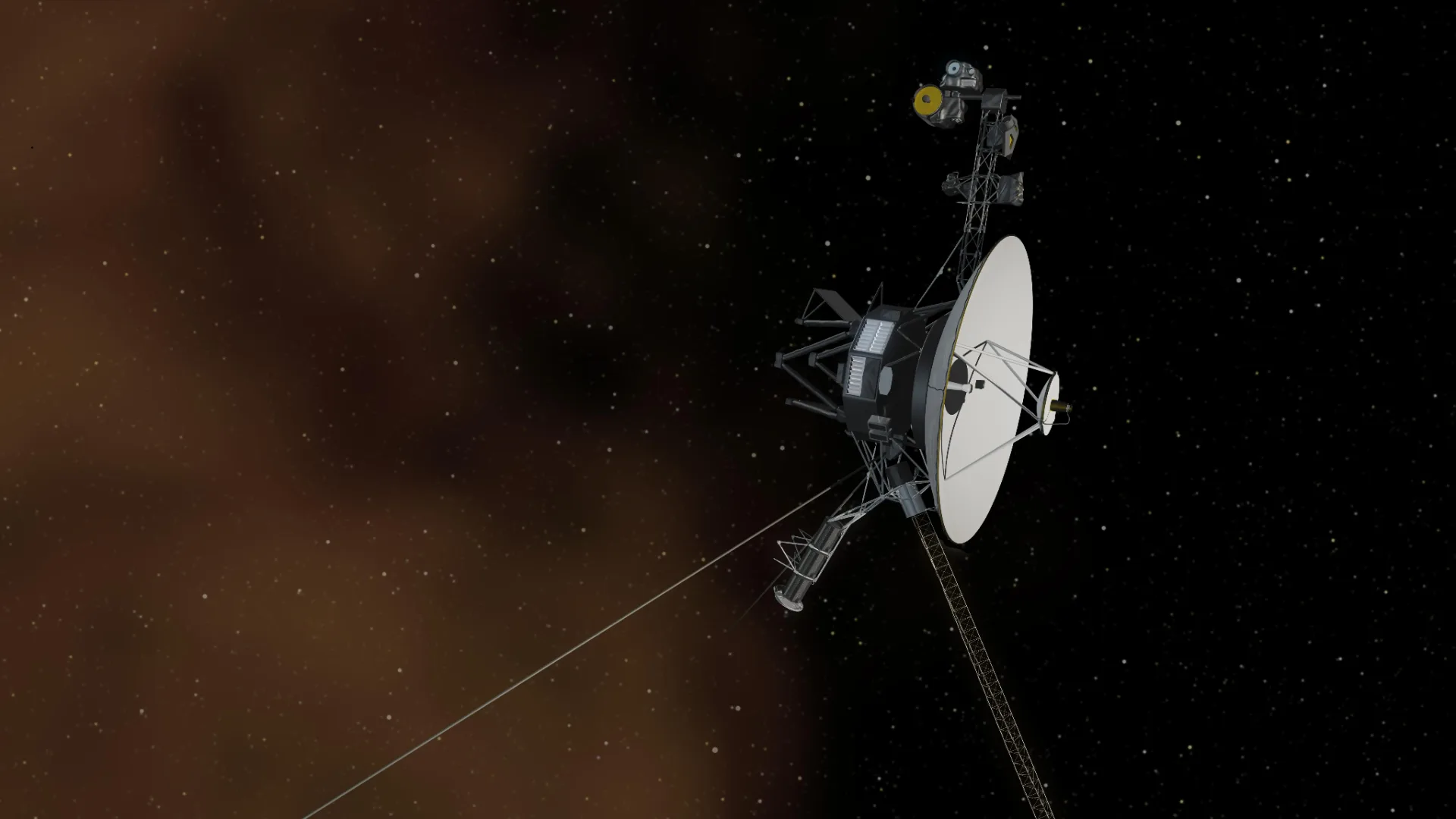 Sonde Voyager vue en plan rapproché: grande antenne parabolique blanche, structure métallique et longs booms, sur fond d'étoiles et de nuages de gaz brunâtres de l'espace lointain.