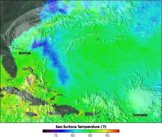 Carte satellitaire en fausses couleurs de la température de surface de l’océan mesurée par micro-ondes, avec une échelle en °F montrant des zones colorées correspondant à des températures estimées.