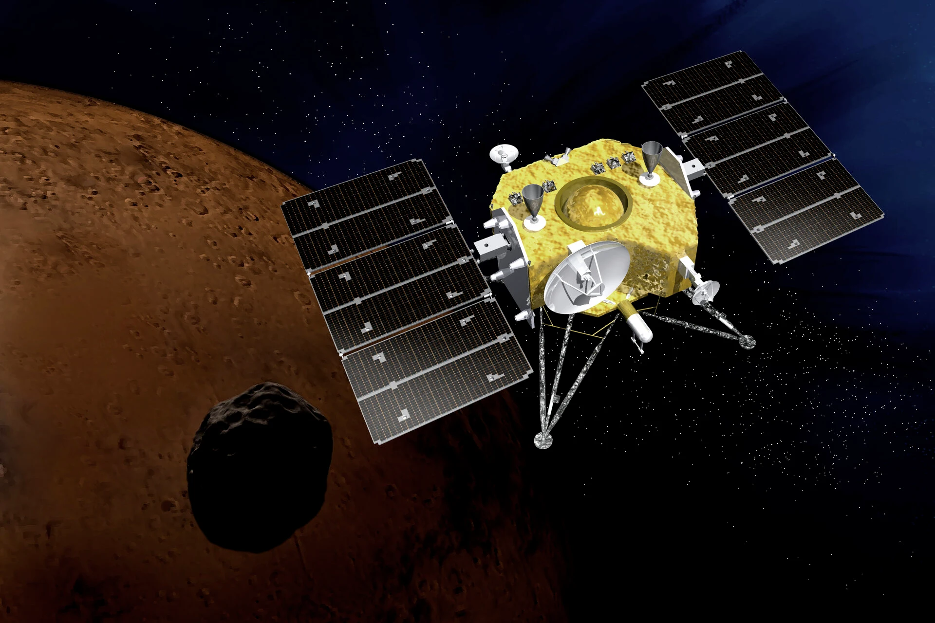 Vue d’artiste montrant la sonde MMX à droite, Phobos en bas à gauche et Mars à l’arrière-plan.