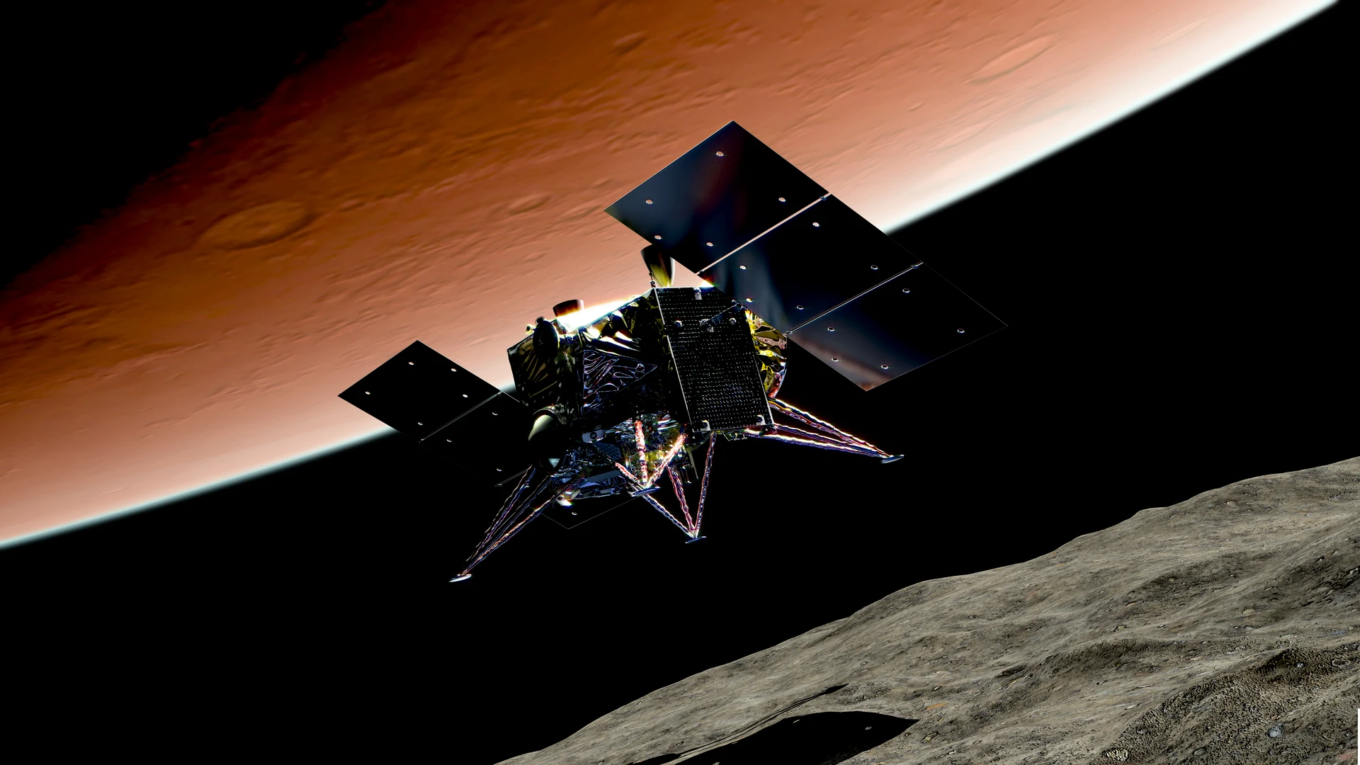 Vue d’artiste représentant la sonde MMX au moment d’un atterrissage prévu sur Phobos.