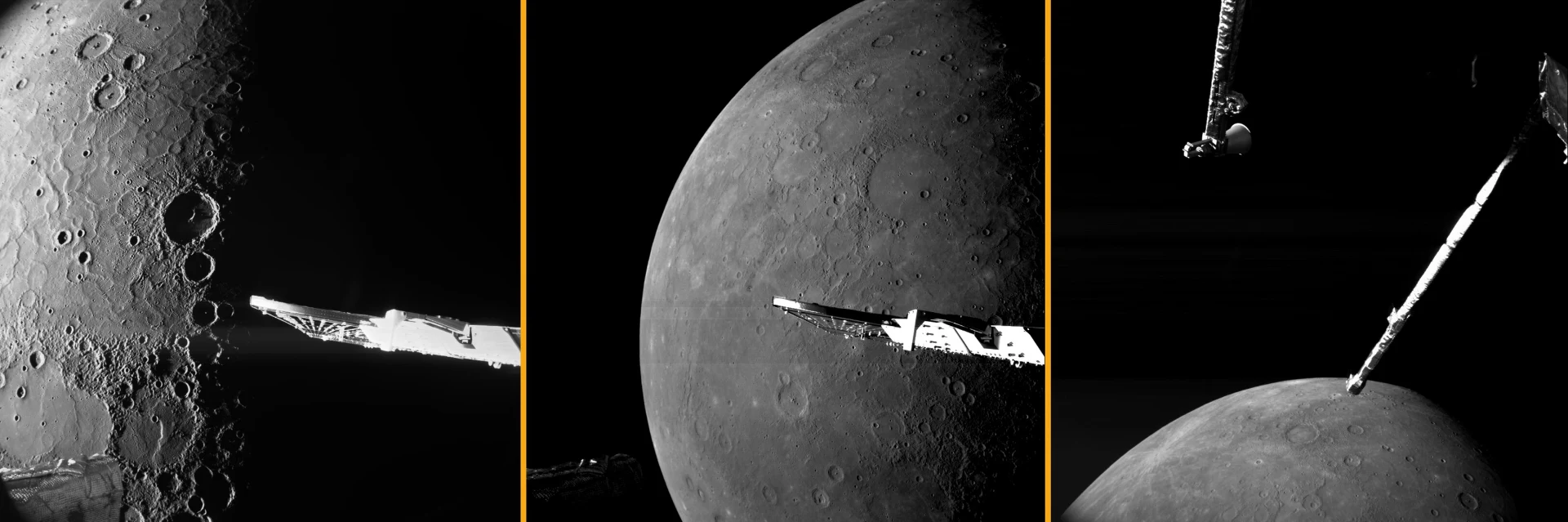 Composition de vues en noir et blanc de la surface de Mercure et d’éléments de la structure de BepiColombo, prises par les caméras de surveillance lors du sixième survol le 8 janvier 2025.