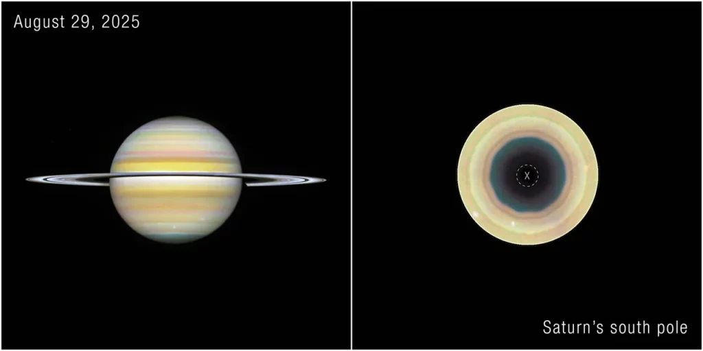 Saturne avec ses anneaux à gauche; projection polaire du pôle Sud de Saturne à droite montrant un motif polygonal autour du centre.