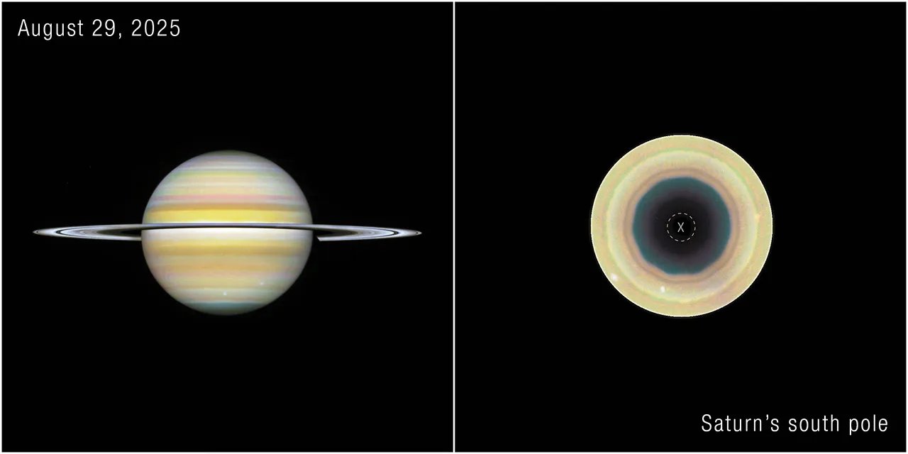 Saturne avec ses anneaux à gauche; projection polaire du pôle Sud de Saturne à droite montrant un motif polygonal autour du centre.