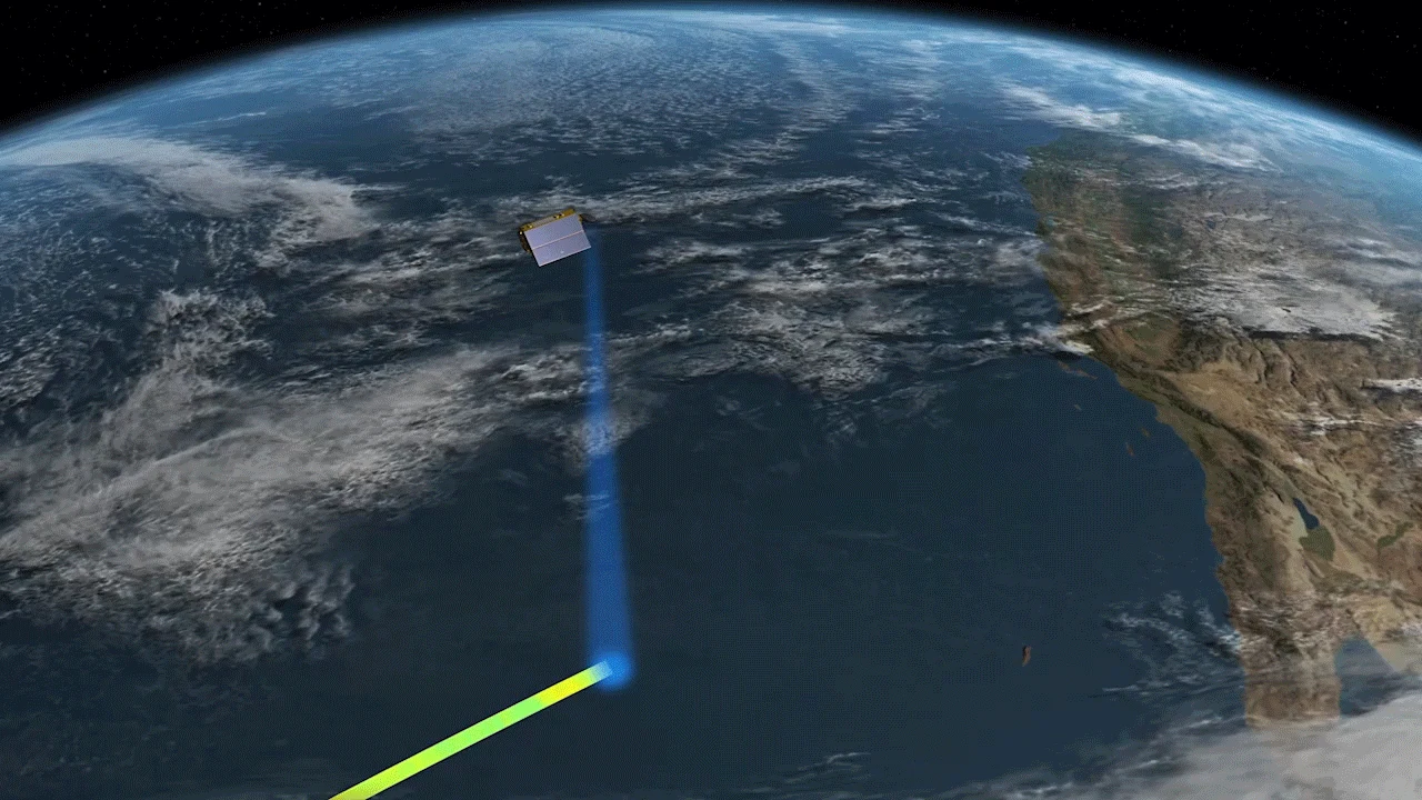 Animation montrant une impulsion radar descendant d’un satellite vers la mer, puis remontant vers le satellite.