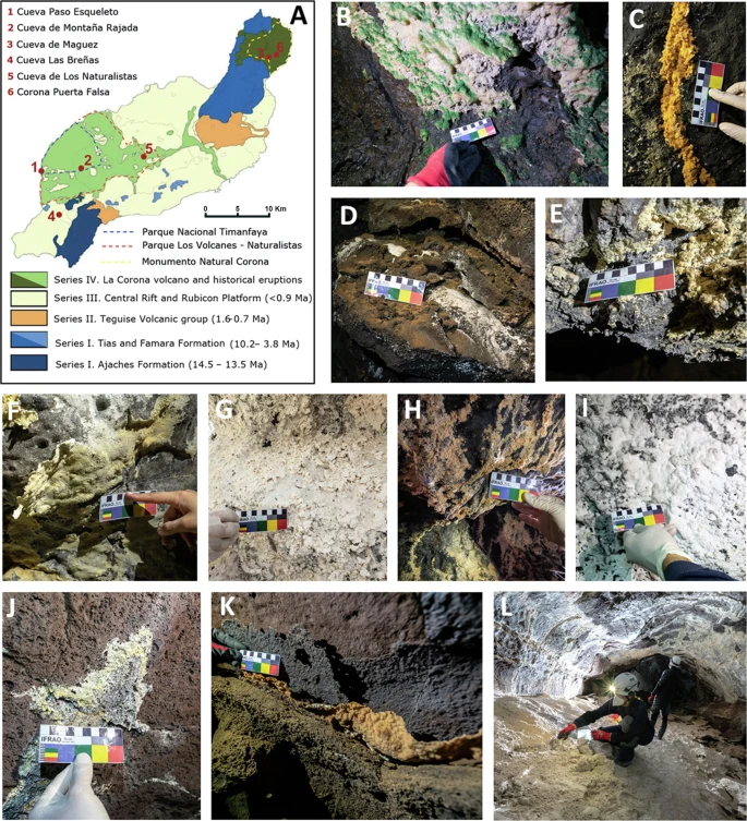 Montage scientifique montrant la localisation des tunnels de lave étudiés à Lanzarote (carte) et des photographies de terrain des spéléothèmes de sulfate prélevés dans ces tunnels de lave (vues A–L).