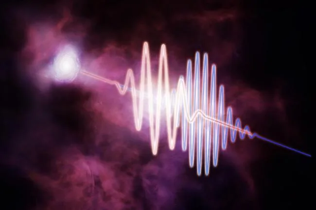 Conception artistique montrant un sursaut radio rapide : une source brillante à gauche émet une impulsion d’ondes radio colorées traversant un nuage diffus représentant le milieu intergalactique ; les longues longueurs d’onde rouges sont retardées par rapport aux courtes longueurs d’onde bleues.